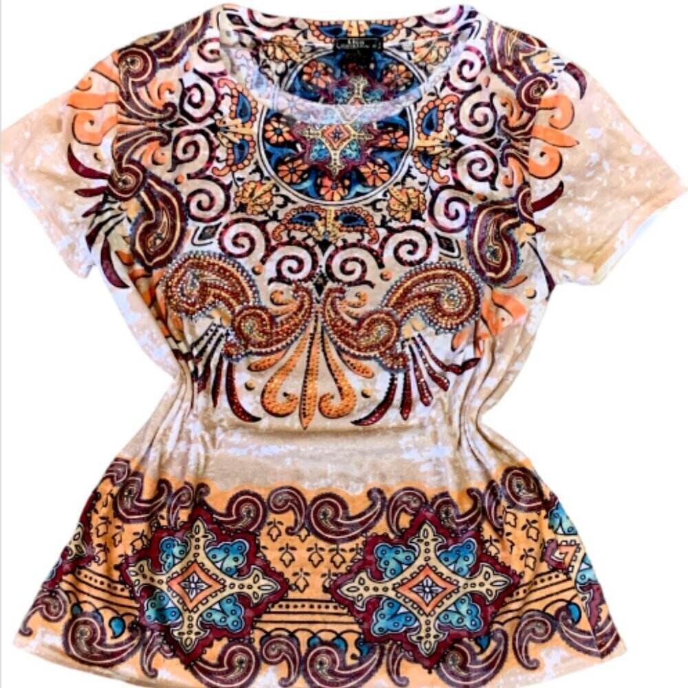 Lisa International Beaded Sequin Short Sleeve Tee Top Sz L #360F